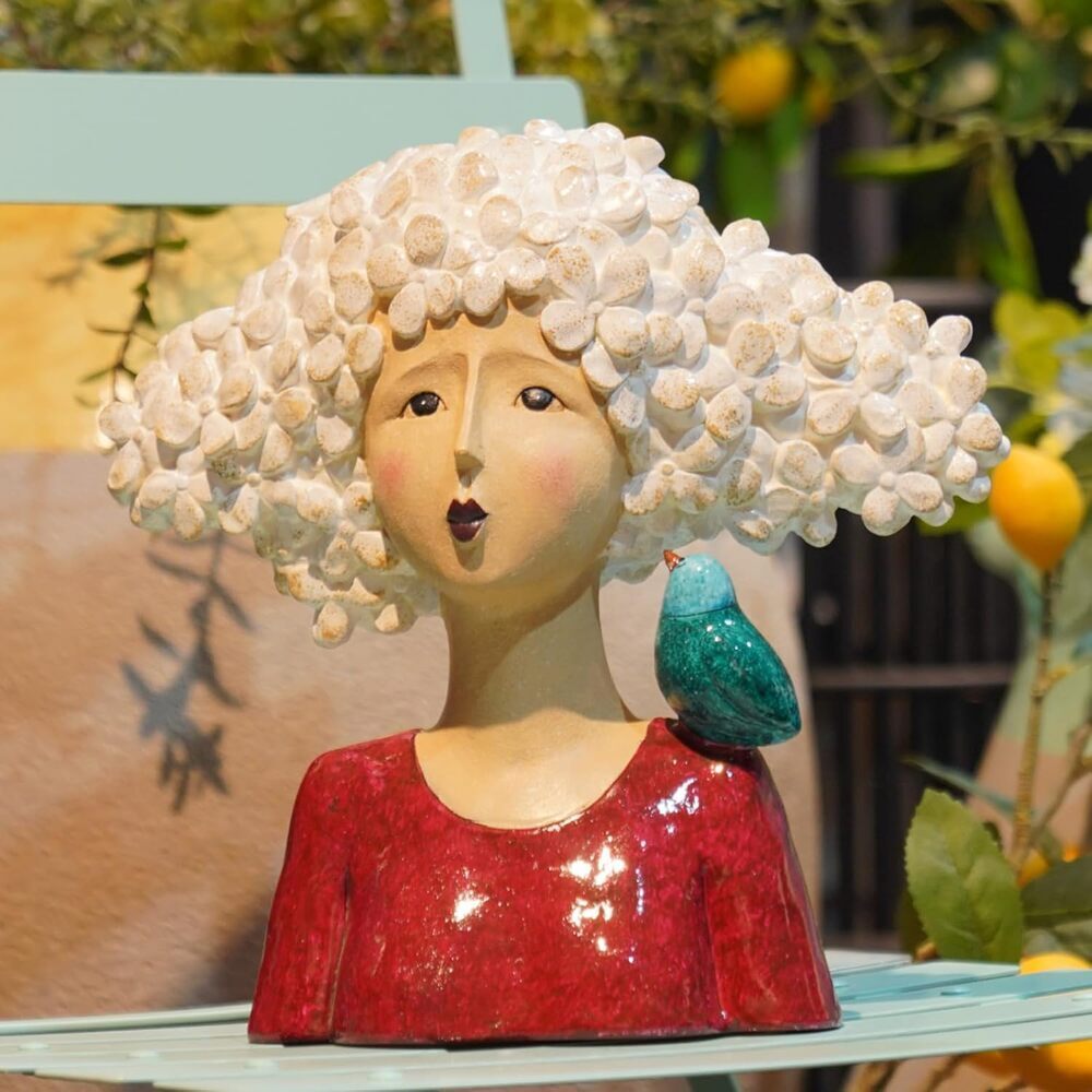 Garden Bust Head Sculpture Red Woman Statue 11 Inch Modern Art Home Decor
